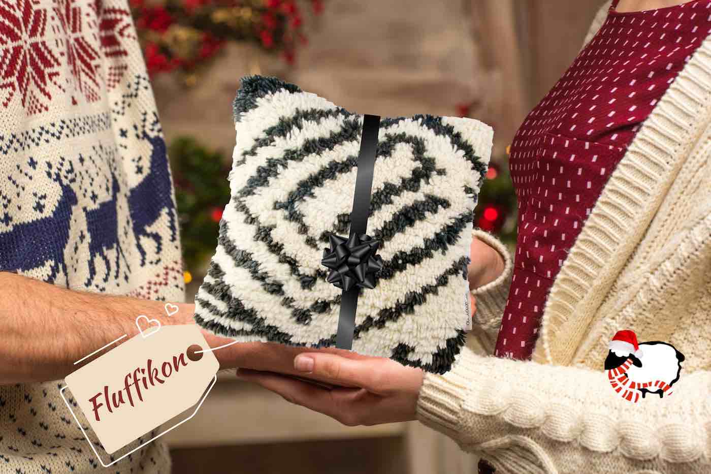 Fluffikon rug pillow given as a Christmas gift between a man and a woman.