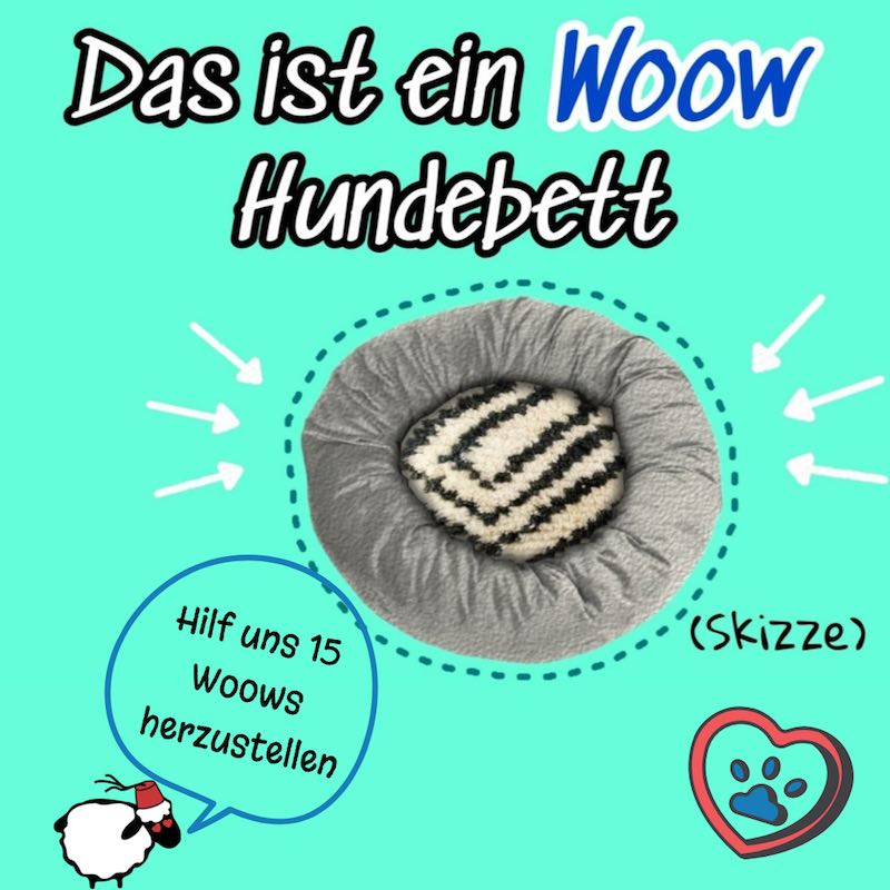Das ist ein Woow Hundebett aus Wolle. Nachhaltiges Hundebett aus Naturfaser. Skizze mit Fluffikon Lalla Soffa Schaaf.