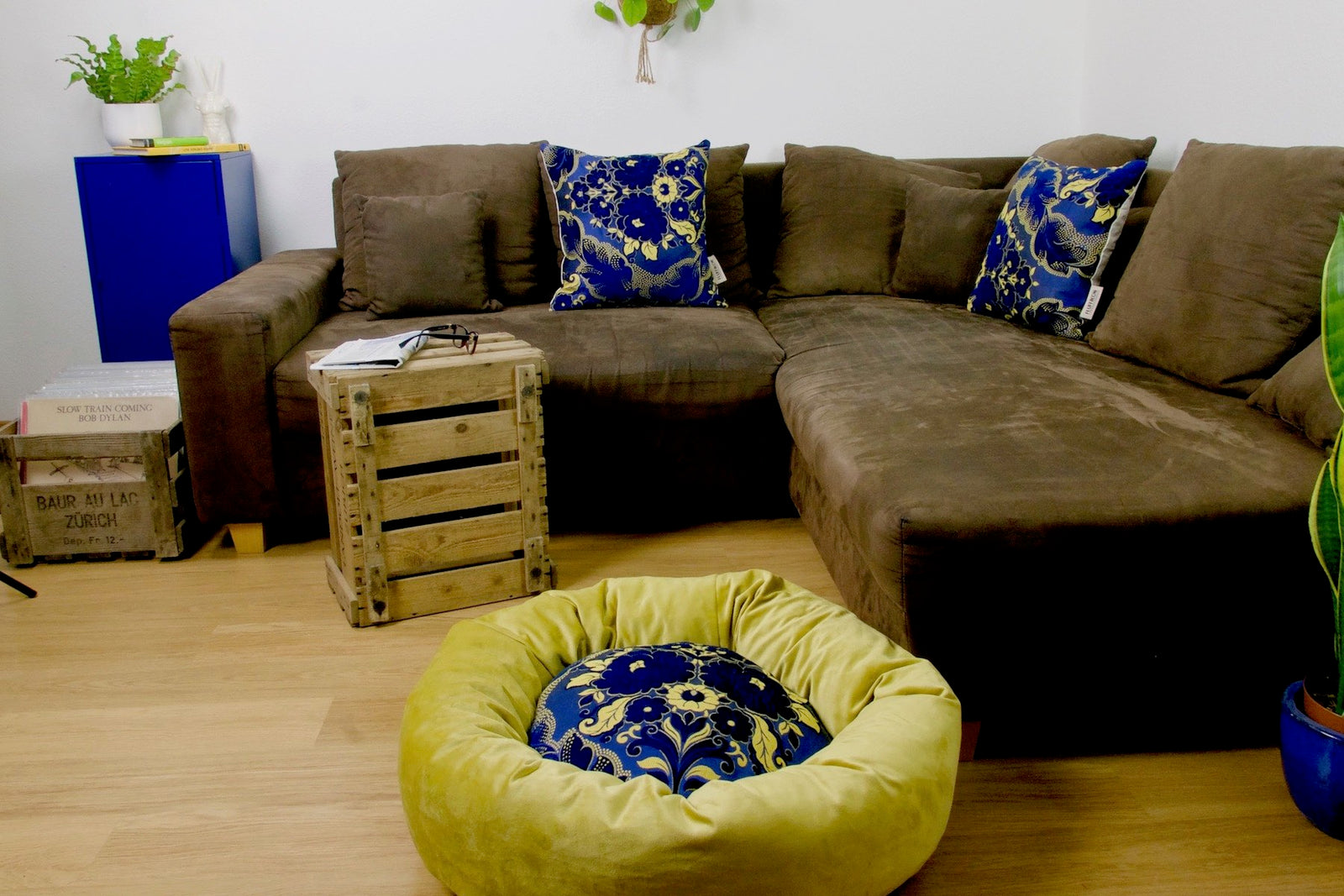 Luxury dog bed in a stylish living room. Bed in front of brown sofa.