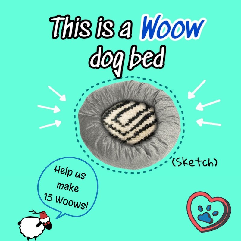 This is a Wood dog bed. Sustainable dog bed filled with wool. Sketch with sheep and heart.
