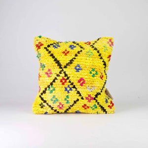 Yellow Fluffikon Berber Cushion Cover. The pillows is made from an upcycled Boucherouite rug.