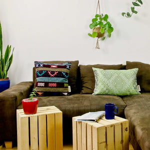 Green silk pillow and rug pillow on couch.