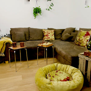 Round donut dog bed in a stylish living room. Two matching decorative throw pillows stand on a brown couch.