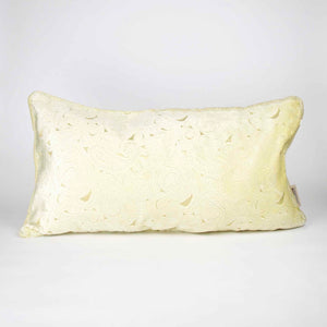 Fluffikon oversized lumbar pillow made from beige velvet with golden threads.