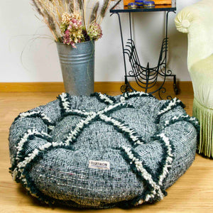 Black and white Fluffikon Kilim Dog Bed made from a Moroccan Kilim rug.