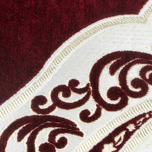 Zoom into burgundy red white velvet fabric.