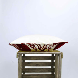 View from the side of velvet decorative pillow