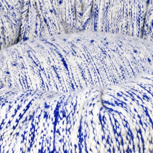 Close up zoom on blue and white Kilim Fluffikon dog bed.