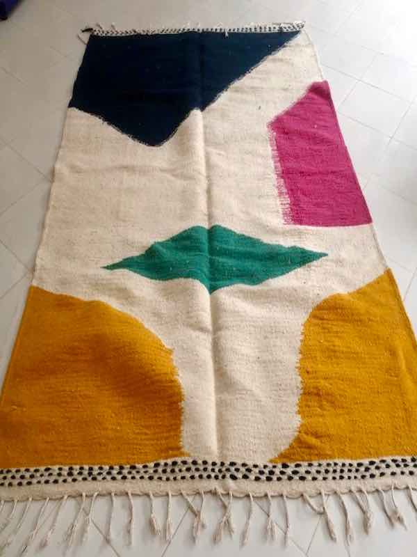 Mustard white Kilim Rug that used for our customized Fluffikon wool dog beds / cats beds.