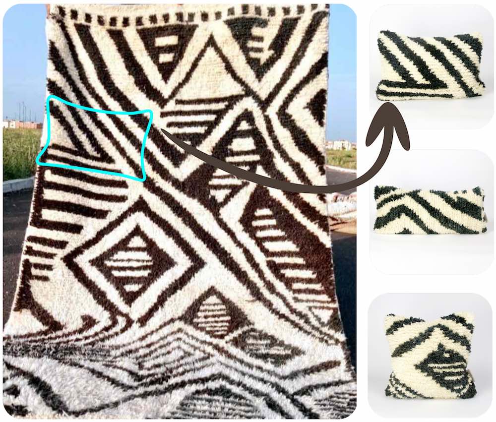 Links: ein schwarz weisser marokkanischer Teppich. Rechts: Drei Fluffikon Berber Kissen aus dem gleich Material.