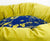 A zoom on a blue and gold Fluffikon dog bed.