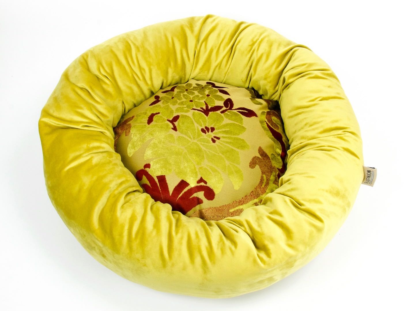 Yellow red velvet pet bed with a moroccan touch