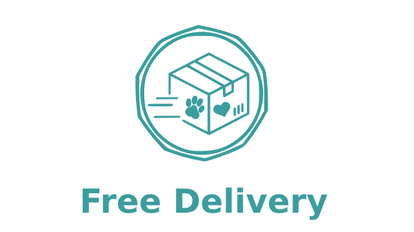 Free Delivery logo showing a package witha a pet pa and a heart