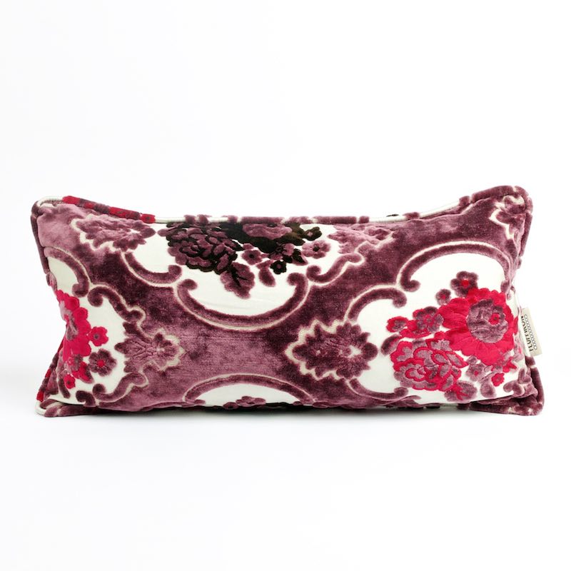 Purple with throw pillows made from Moroccan velvet fabrics. The lumbar pillow size is 35x70cm. 