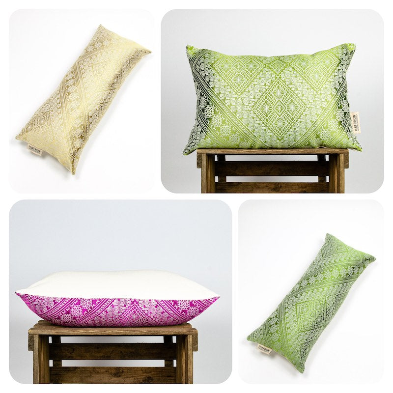 Four Fluffikon decorative silk pillows. Unique moroccan fabrics. Golden lumbar silk pillow, green rectangular silk pillow, pink-white rectangular silk pillow and green lumbar silk pillow.