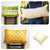 Four Fluffikon decorative throw pillows with unique moroccan fabrics. Green rectangular velvet pillow, beige lumbar velvet pillow, mustard yellow rectangular velvet pillow and square beige velvet pillow. 