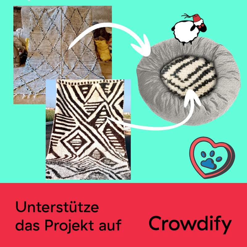 Nachhaltiges upcycling Hundebett aus Naturmaterial. Zwei Marokkanische Teppiche aus Wolle und eine Hundebett. Text: Unterstütze das Projekt auf Crowdify