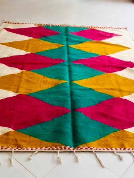 Green / Red / Mustard Kilim Rug that used for our custom made Fluffikon Kilim dog beds / cats beds.