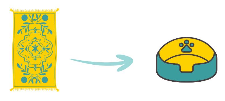 Links: Skizze eines marokkanischen Kelim Teppichs. Rechts: Skizze eines runden Katzenbetts.