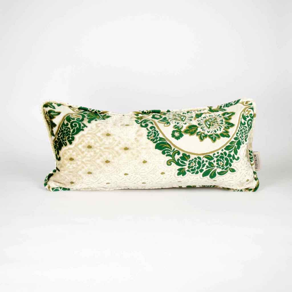 Beige green Fluffikon XXL cushion standing in front of white background.