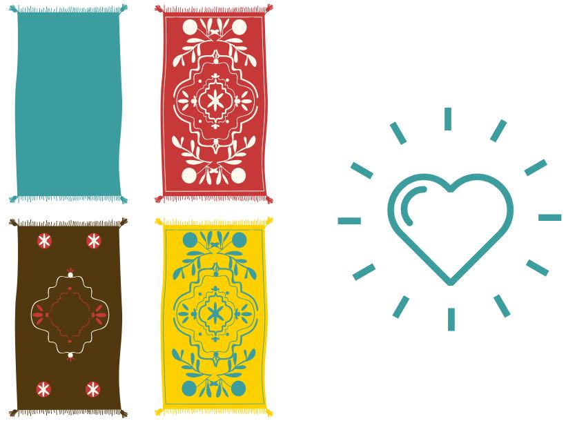 Sketch of four Moroccan Kilim wool rugs and a heart. 