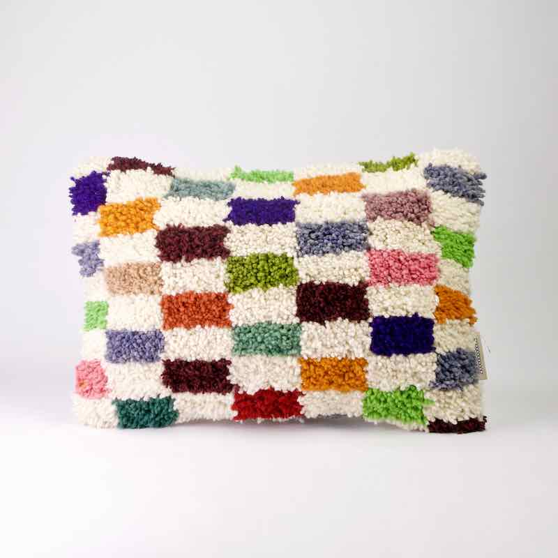 Fluffikon colorful checkered throw pillow standing on front of white background.