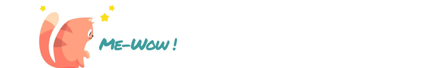 Red comic cat saying me-wow. The cat has yellow stars around her head.