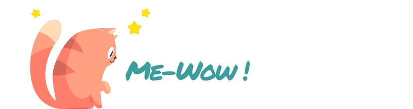 Red comic cat saying me-wow. The cat has yellow stars around her head.