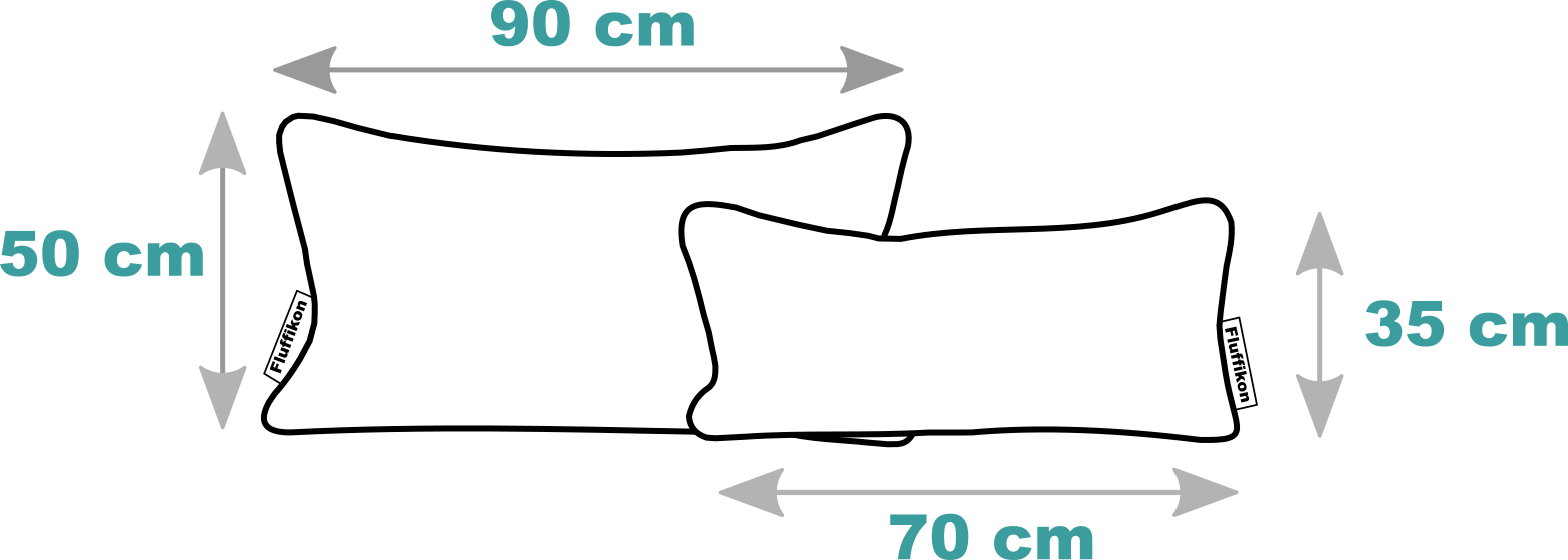 Skizze von Fluffikons XXL Sofakissen Grössen. Abmasse sind: 50x90 cm und 35x70 cm.