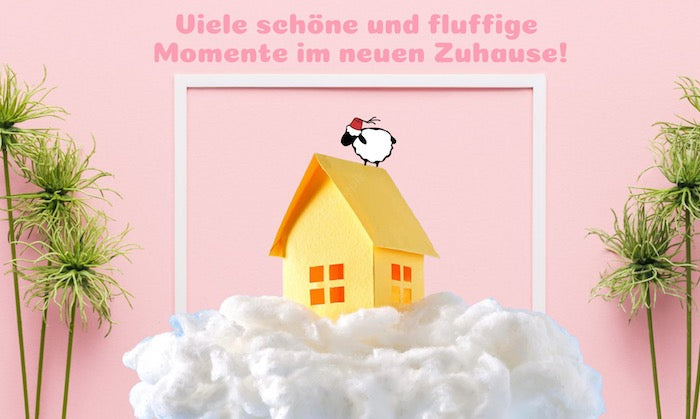 Housewarming Card showing Lalla Soffa on a house standing on clouds.