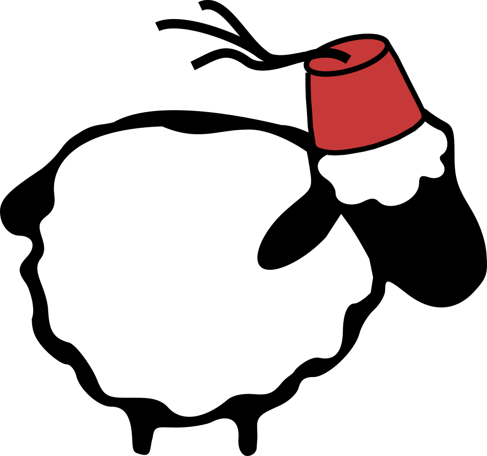 A comic sheep with a Moroccan hat. The sheep is the Fluffikon logo.