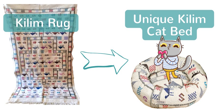 A round donut Fluffikon cat bed made from a Kilim wool rug. A comic cat with a heart in her hands is in the cat bed.