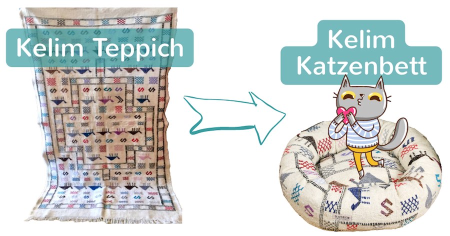 Links: Marokkanischer Kelim Teppich. Überschrift: "Kelim Teppich". Rechts: Rundes Fluffikon Donut Katzenbett mit einer Comic Katze. Überschrift: "Kelim Katzenbett".
