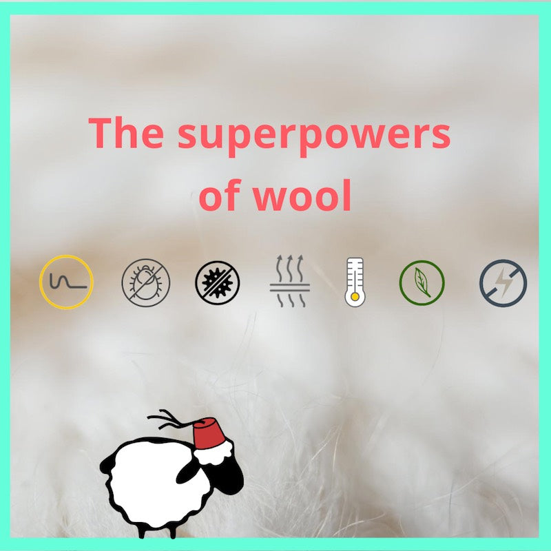 The superpowers of eco friendly organic sheep wool. Multiple symbols und Fluffikon Lalla Soffa sheep.