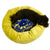 Dog in a round dog bed made from yellow blue velvet fabrics. The fabrics have a typical Moroccan design.