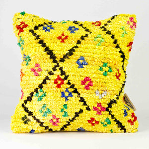 Yellow Fluffikon Berber Cushion Cover. The pillows is made from an upcycled Boucherouite rug.