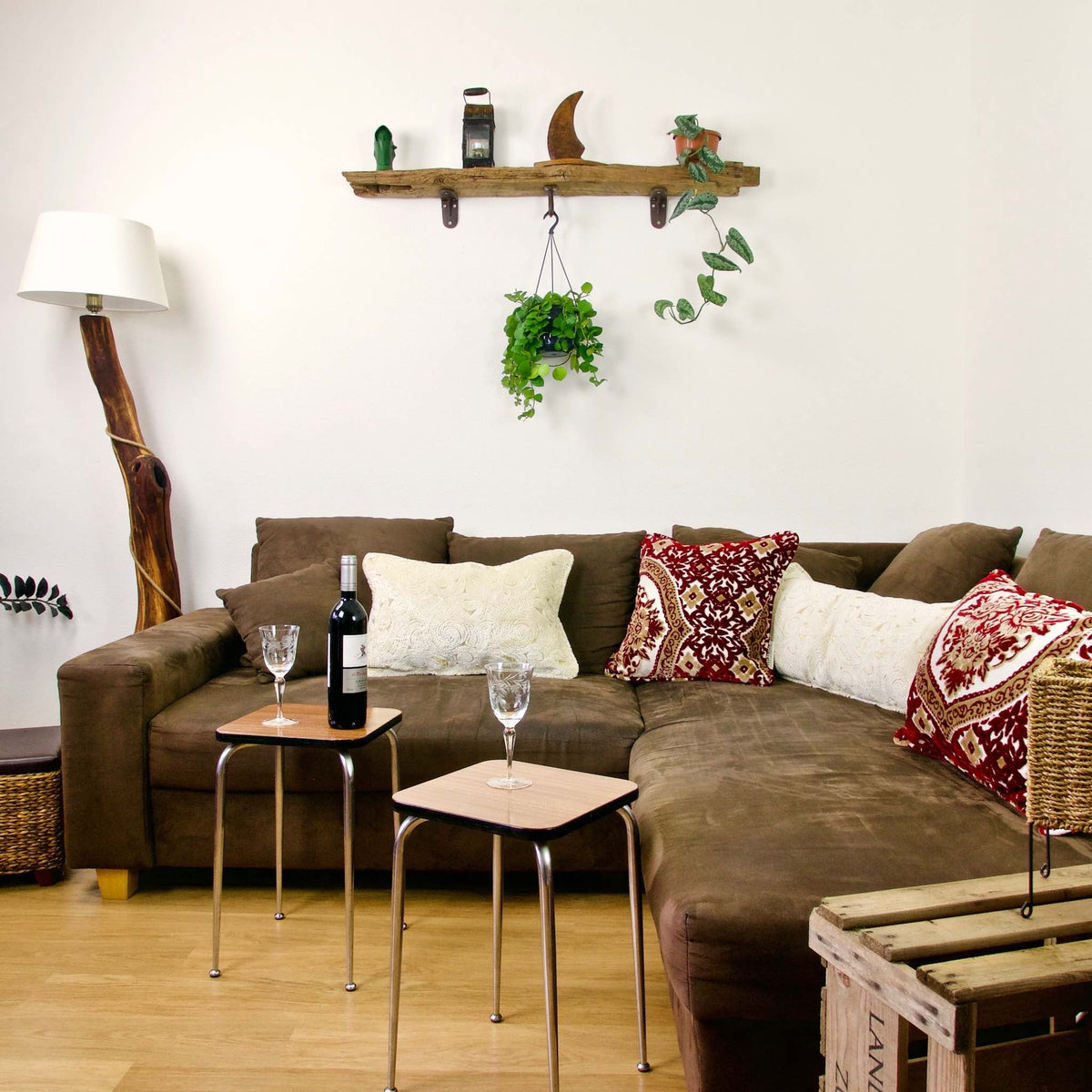 Beige and brown red velvet decorative pillows in stylish home.