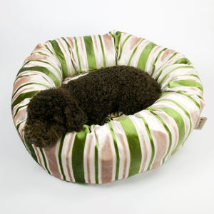 Cute dog sleeping in green dog bed made from velvet fabric.