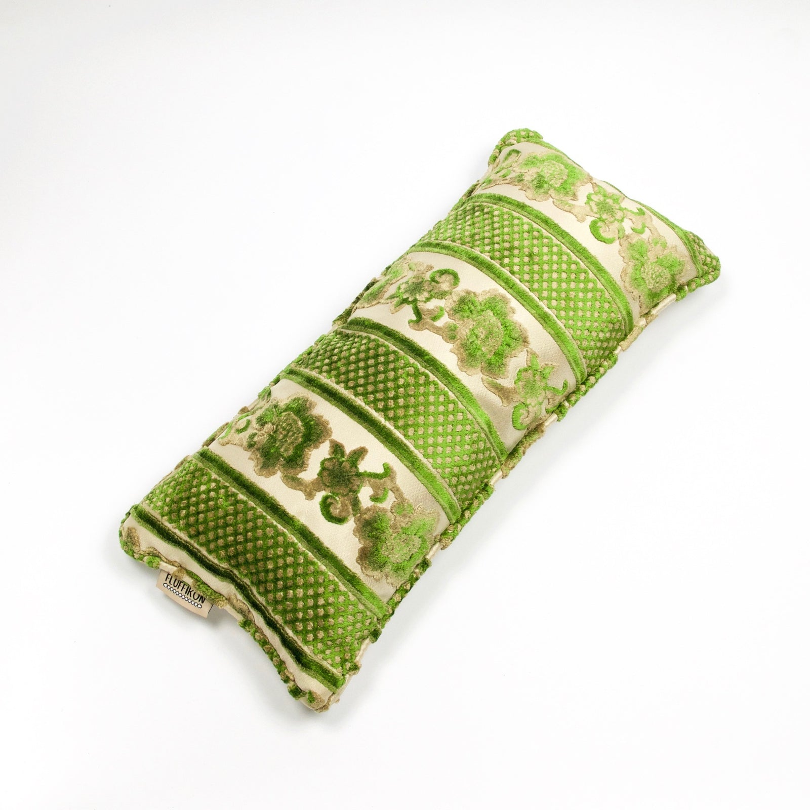 Fluffikon velvet lumbar pillow. Grey and green colours with flowers on it. Pillow shown from the top. Size 35x70 cm.