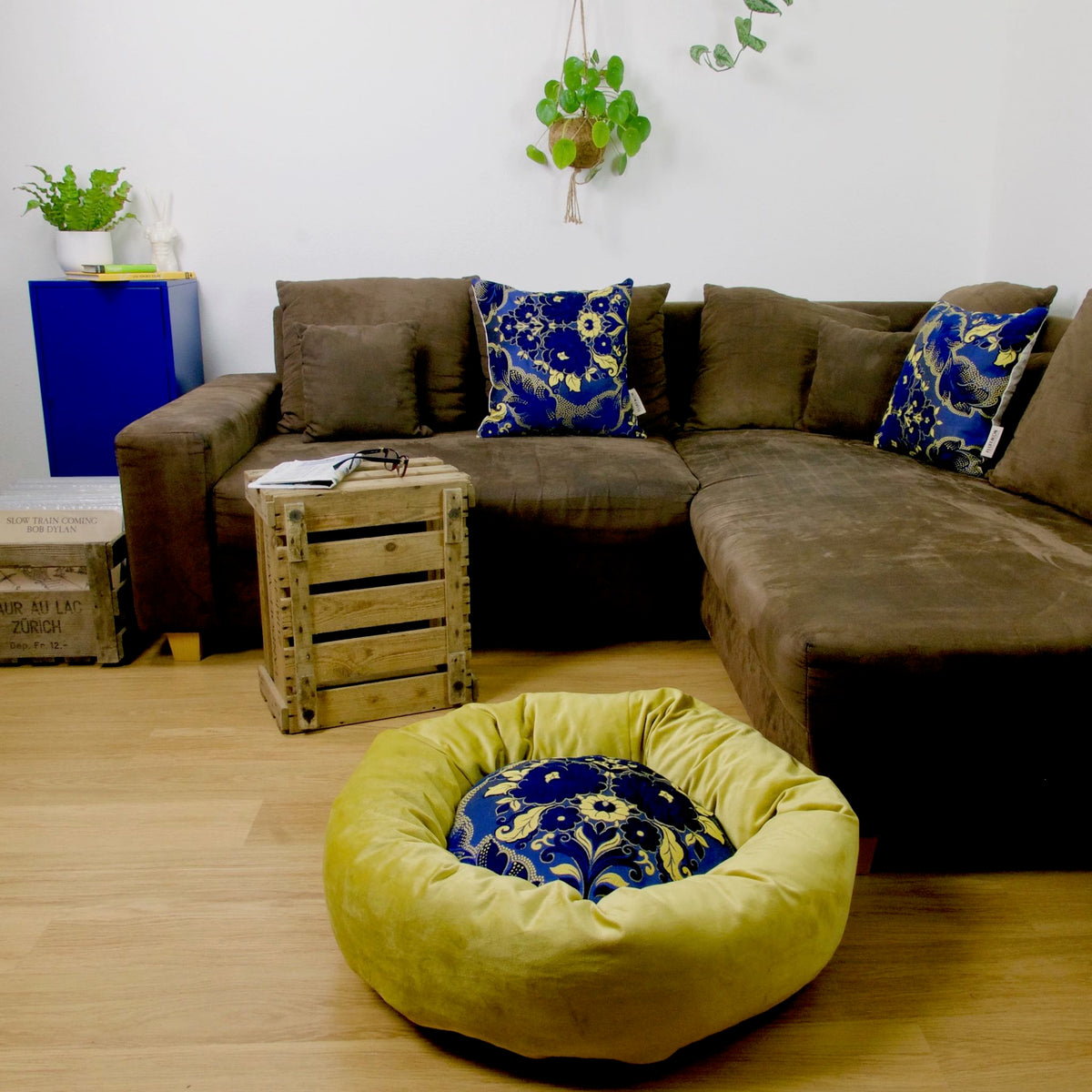Yellow blue dog bed in stylish living room. The bed is on the ground in front of a brown couch.